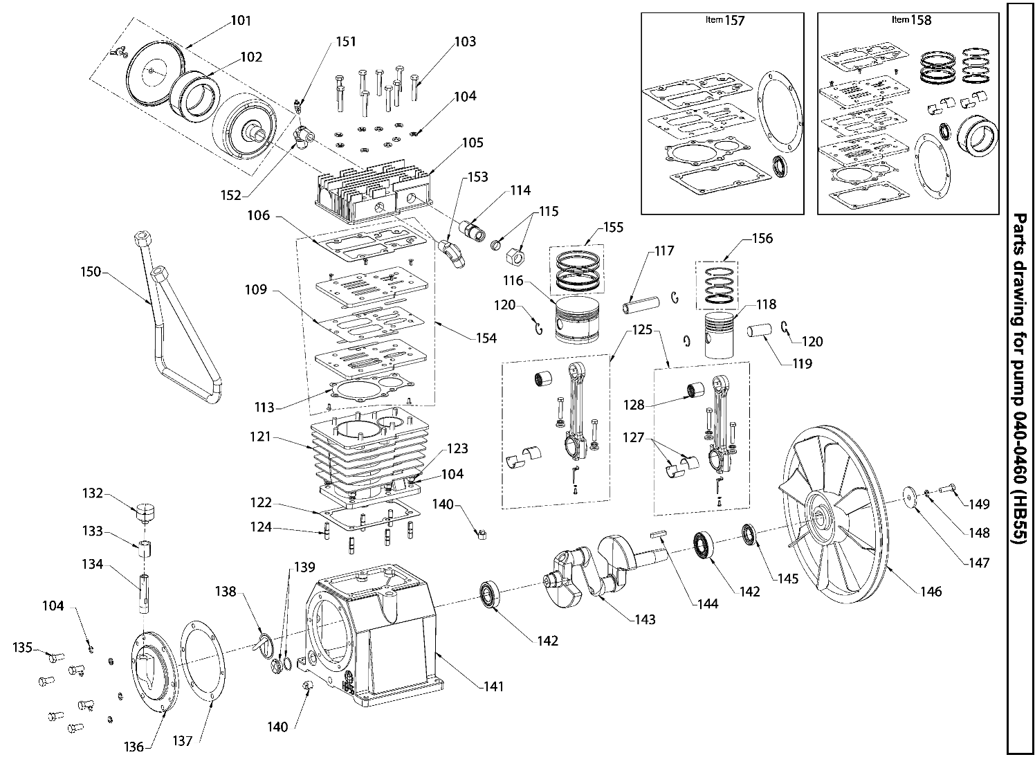 PUMP 040-0460 (HB55) Diagram and Parts List for PXCMV5048055 Type 0 Porter Cable Compressor